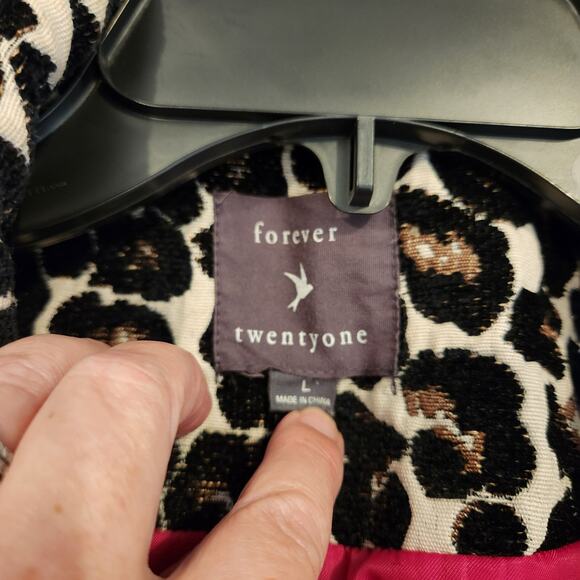 FOREVER 21 Black Cream Leopard Print Retro Carpet Bag Pea Coat Juniors Large L - Picture 3 of 11